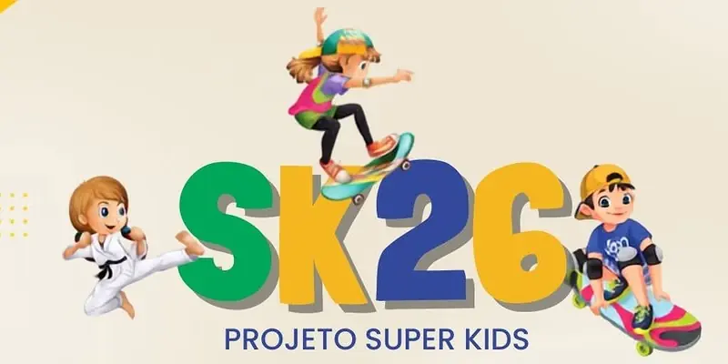 Arte do projeto Super Kids 2026: o nome SK26 com desenhos de crianças no skate e no taekwondo.